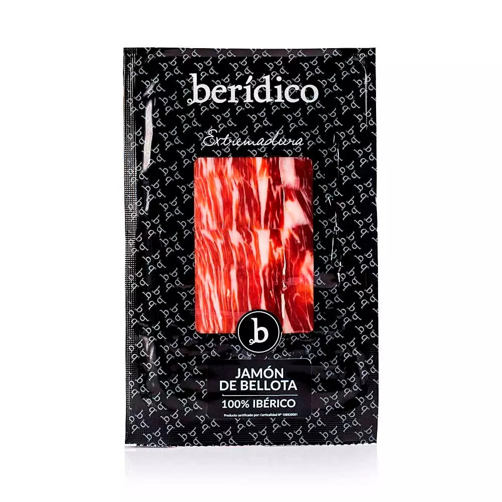 Jamón de Bellota 100% Ibérico cortado a mano y envasado al vacío, sobre individual. 100 g.