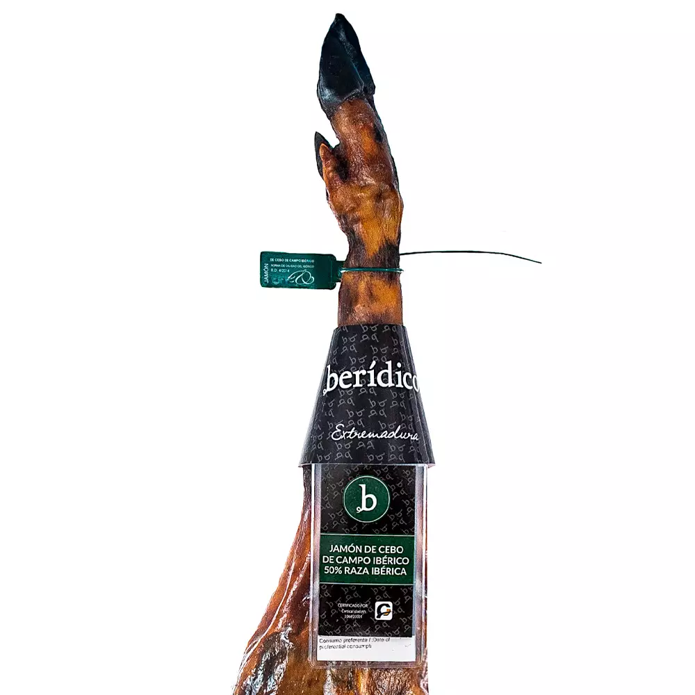 Jamón de Cebo de Campo Ibérico, pezuña negra con brida y vitola verdes