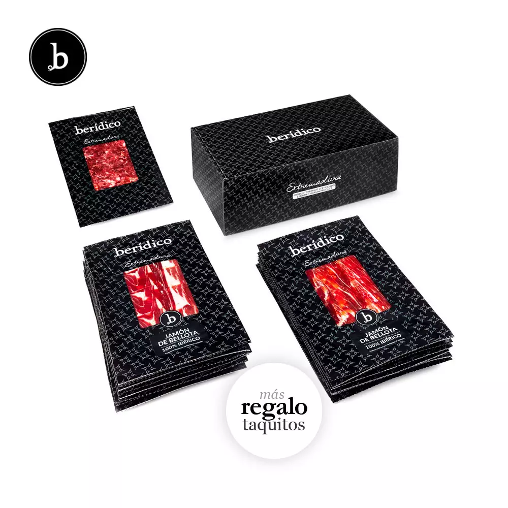 Jamón Ibérico Bellota 100% cortado cuchillo y envasado al vacío, 5 unidades. Regalo taquitos.