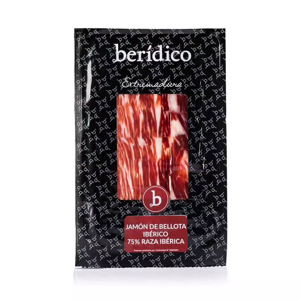 Jamón de Bellota Ibérico 75 Raza Ibérica loncheado. Sobre individual de 100 g